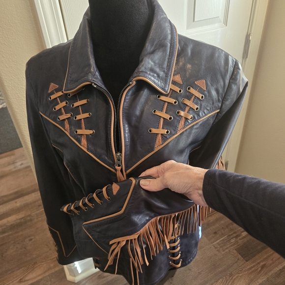 Like New ! Double D Ranch NAVY Blue Leather Jacket - Picture 3 of 9